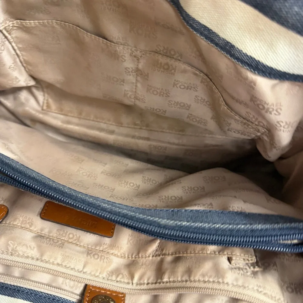 Michael Kors Hamilton Satchel Navy Cream Striped Canvas Leather Trim Handbag